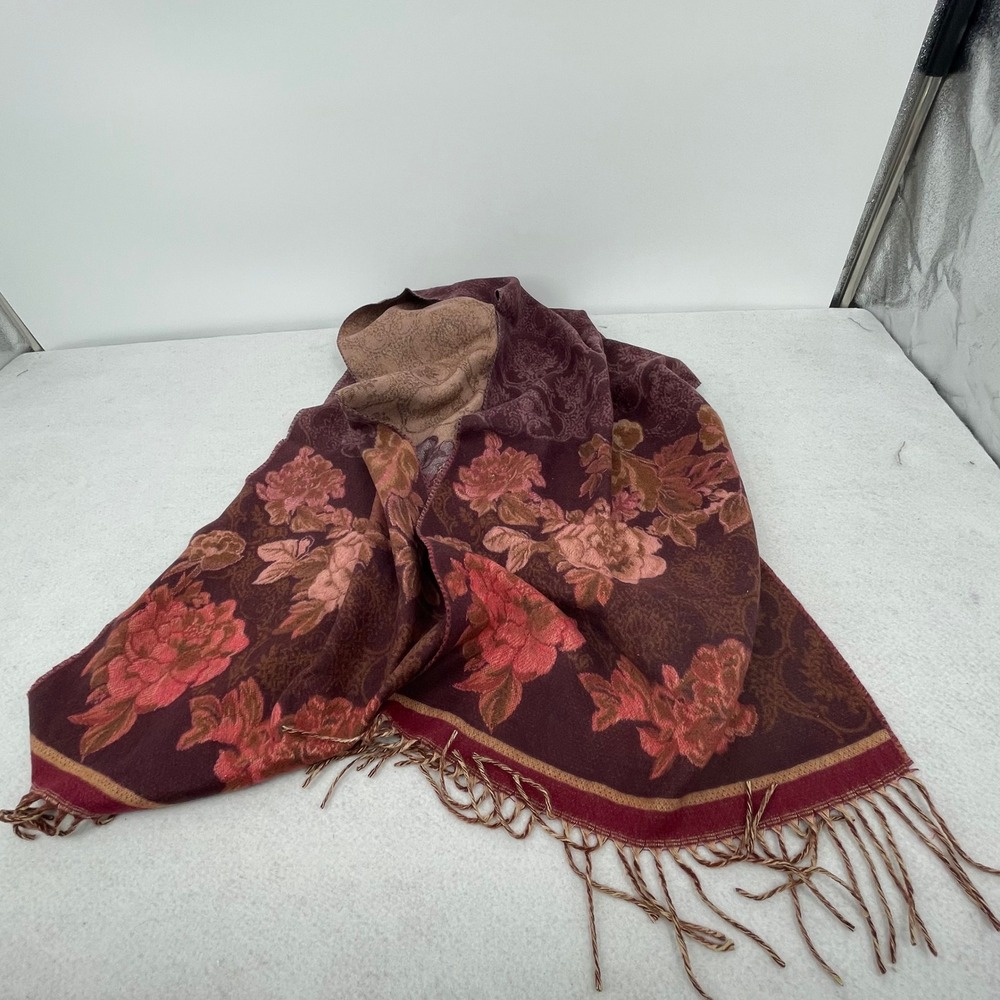 V. Fraas Cashmink Burgundy Floral Damask Scarf Reversible Made in Germany Fringe